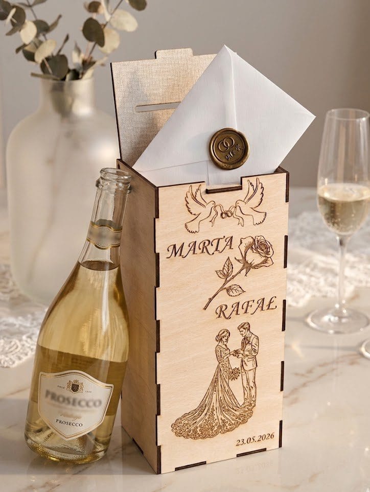 pudełko ślubne, prezent ślubny, skrzynka na koperty, pudełko na wino ślub, pamiątka ślubna, personalizowane pudełko, drewniane pudełko ślub, grawerowany prezent ślubny
