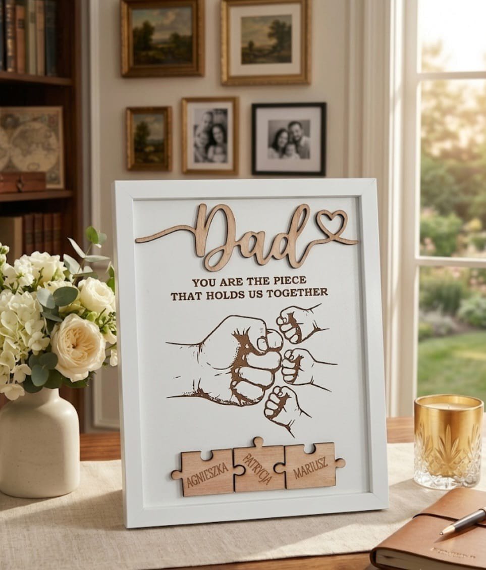 prezent dla taty, ramka z grawerem, personalizowany prezent dla ojca, prezent od dzieci, ramka z puzzlami, pamiątka dla taty, prezent na dzień ojca, fist bump grafika, drewniana ramka z dedykacją, prezent dla taty 3d