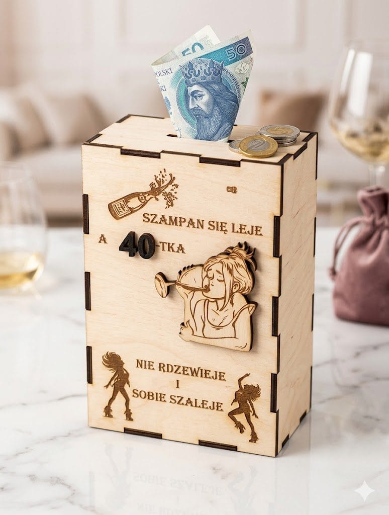 skarbonka na 40, prezent na 40 urodziny, prezent dla kobiety, 40-tka, personalizowana skarbonka, drewniana skarbonka, zabawny prezent na urodziny, skarbonka z grawerem, pomysł na 40 urodziny