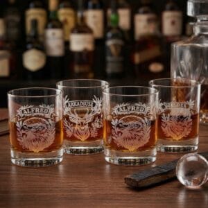 Personalizowana szklanka do whisky z grawerem – Motyw zwierzęcy (Wilk, Jeleń, Orzeł) i własne imię